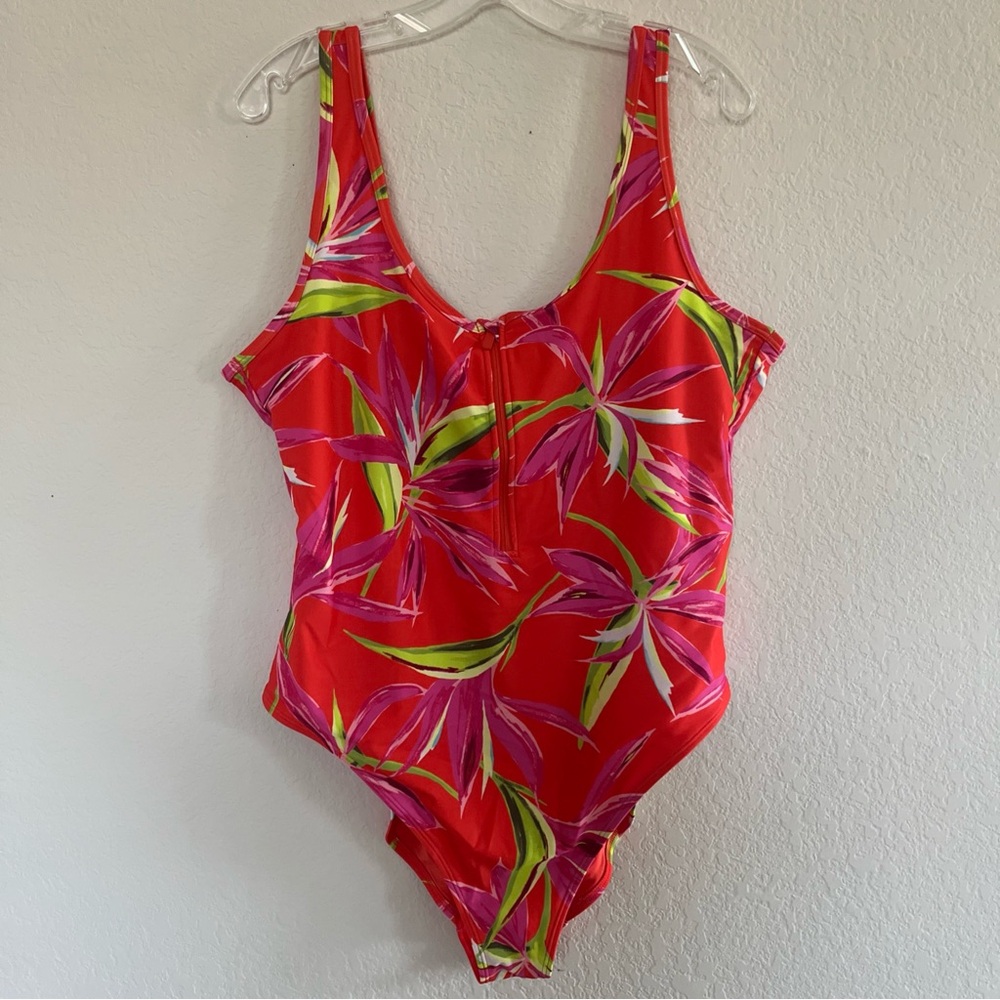 Tropical Floral One-Piece Swimsuit, Old Navy Women’s XXL  Orange Floral Half Zip